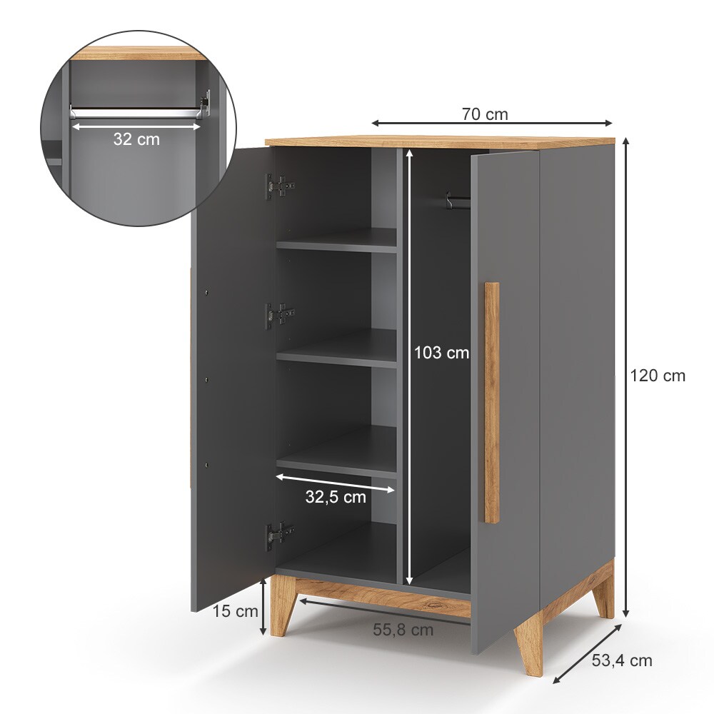 VitaliSpa Kleiderschrank Malia 120x70cm grau, Schrank für Kinderzimmer, 4 Fächer
