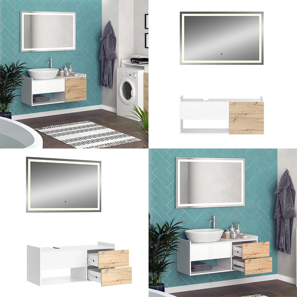 Vicco Badmöbel-Set Alf, Weiß Artisan Eiche, Badezimmer, moderne Badserie, Waschtischunterschrank, LED-Spiegel