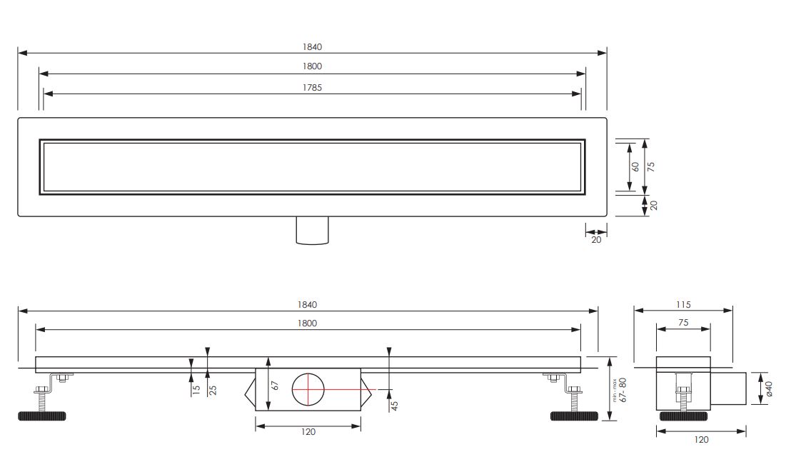 Brauer douchegoot 180x7cm met multifunctioneel rooster en flens RVS geborsteld