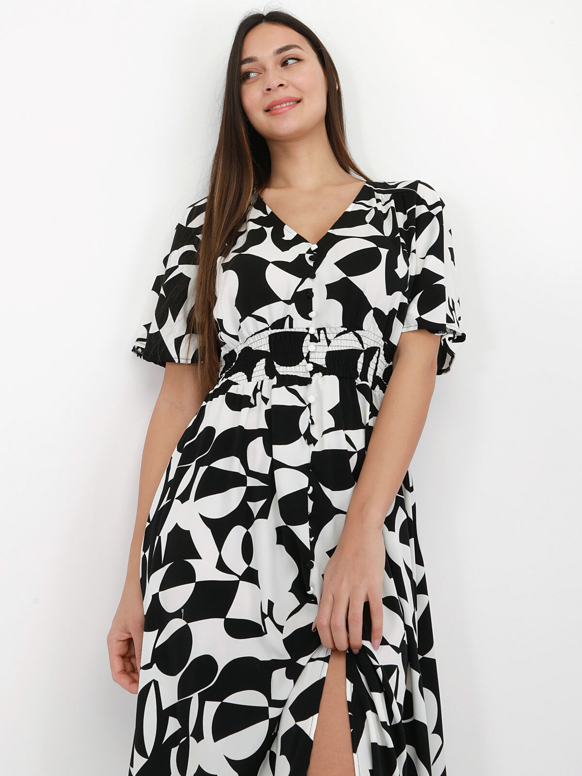 Robe longue fendue à imprimé géométrique- Noir et Blanc