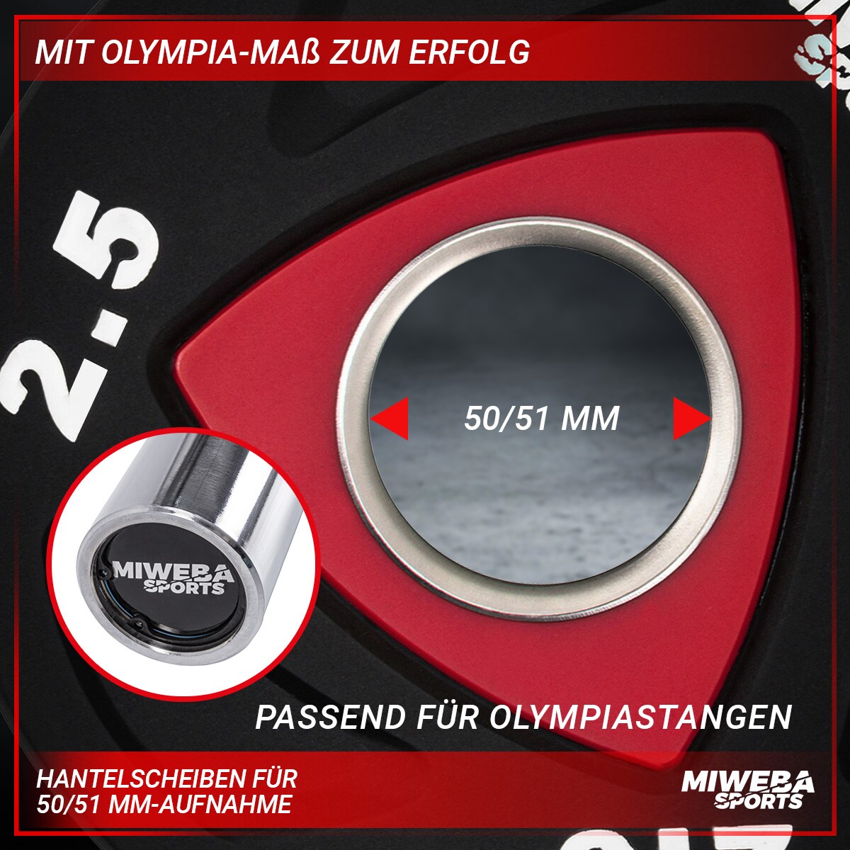 Miweba Sports Hantelscheiben Olympia, Ø 50/51 mm, 2er-Set, 2,5-20 kg, Hantel-Gewichte aus Stahl (2x 15,0 Kg)