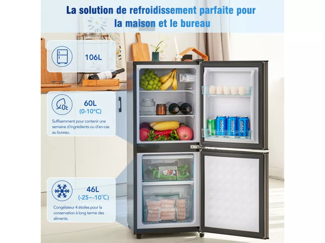 106L Réfrigérateur Argenté+noir, avec cloison en verre et pieds réglables, 7 température, -25~10 ℃, Classe d'efficacité énergétique E
