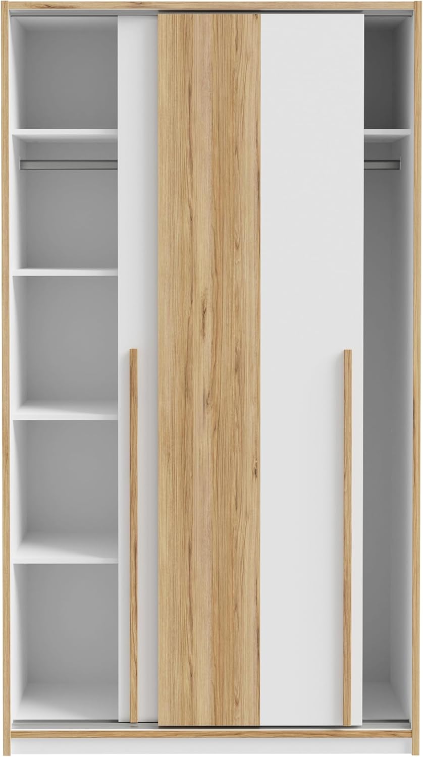 Forte SMARTROOM Kleiderschrank 120, Moderner Schrank mit Zwei Schwebetüren, Holzwerkstoff, Grau/Catania Eiche, 118,8 cm breit, 215 cm hoch, 57,3 cm tief