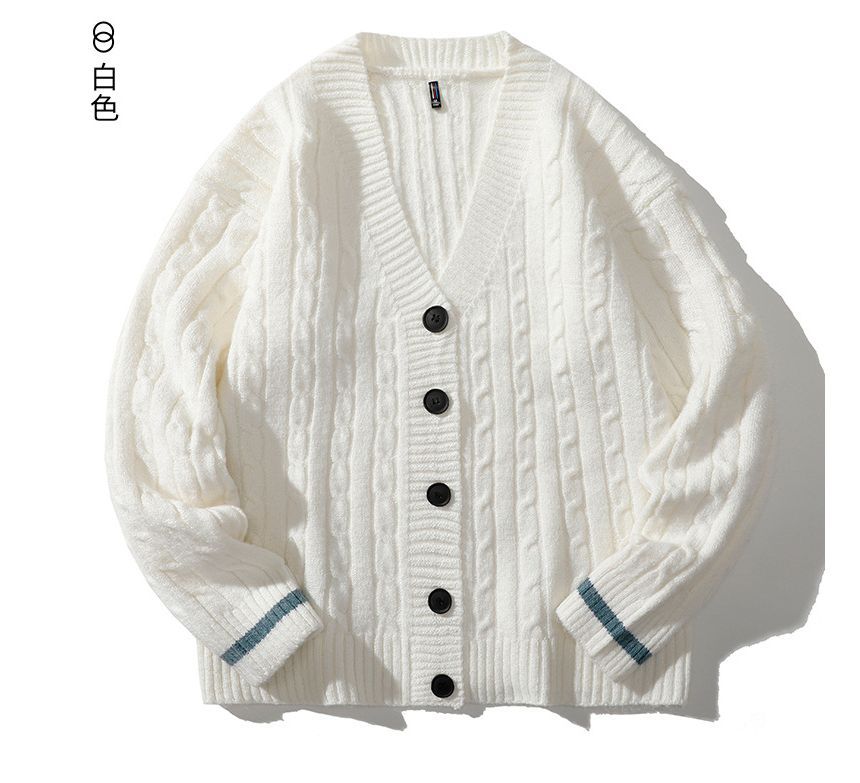 Dandyluxe - V-hals contrasterende kabelgebreide losse cardigan met knoopjes