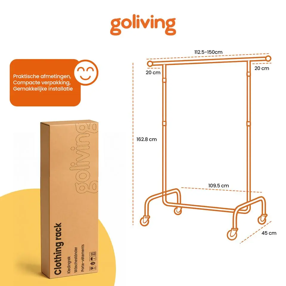 Goliving Kledingrek op wieltjes XL - Uitschuifbare Kledingstang 112-150 cm