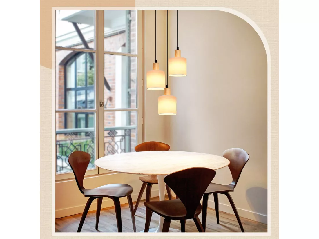 NETTLIFE Suspension bois blanc Diam.20 cm E14 vintage 3 ampoules ronde pour salle à manger restaurant cuisine chambre bureau