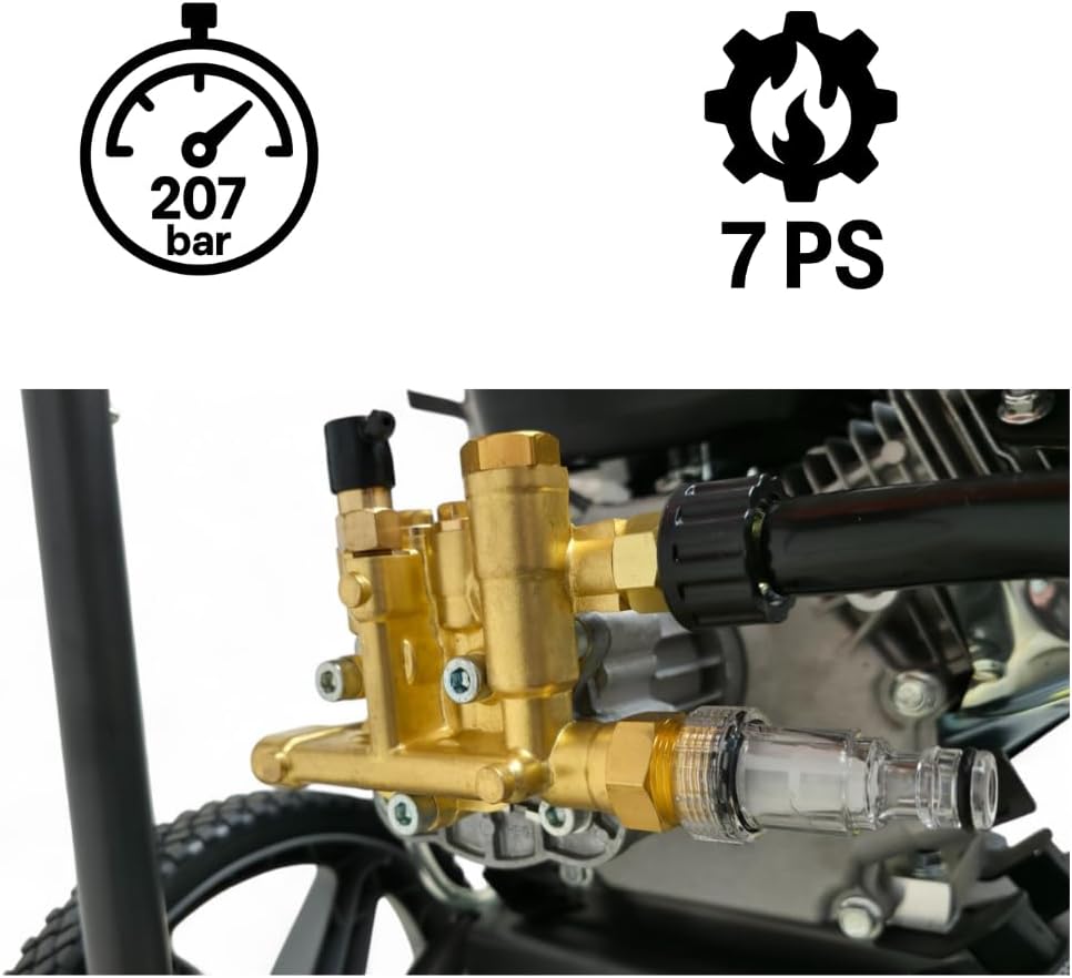 Benzin Hochdruckreiniger 207 bar | 12 m Hochdruckschlauch | 7PS Flächenreiniger mit Messing Pumpenkopf | Steinreiniger Profi Hochdruckreiniger | Gewerbe Industriereiniger