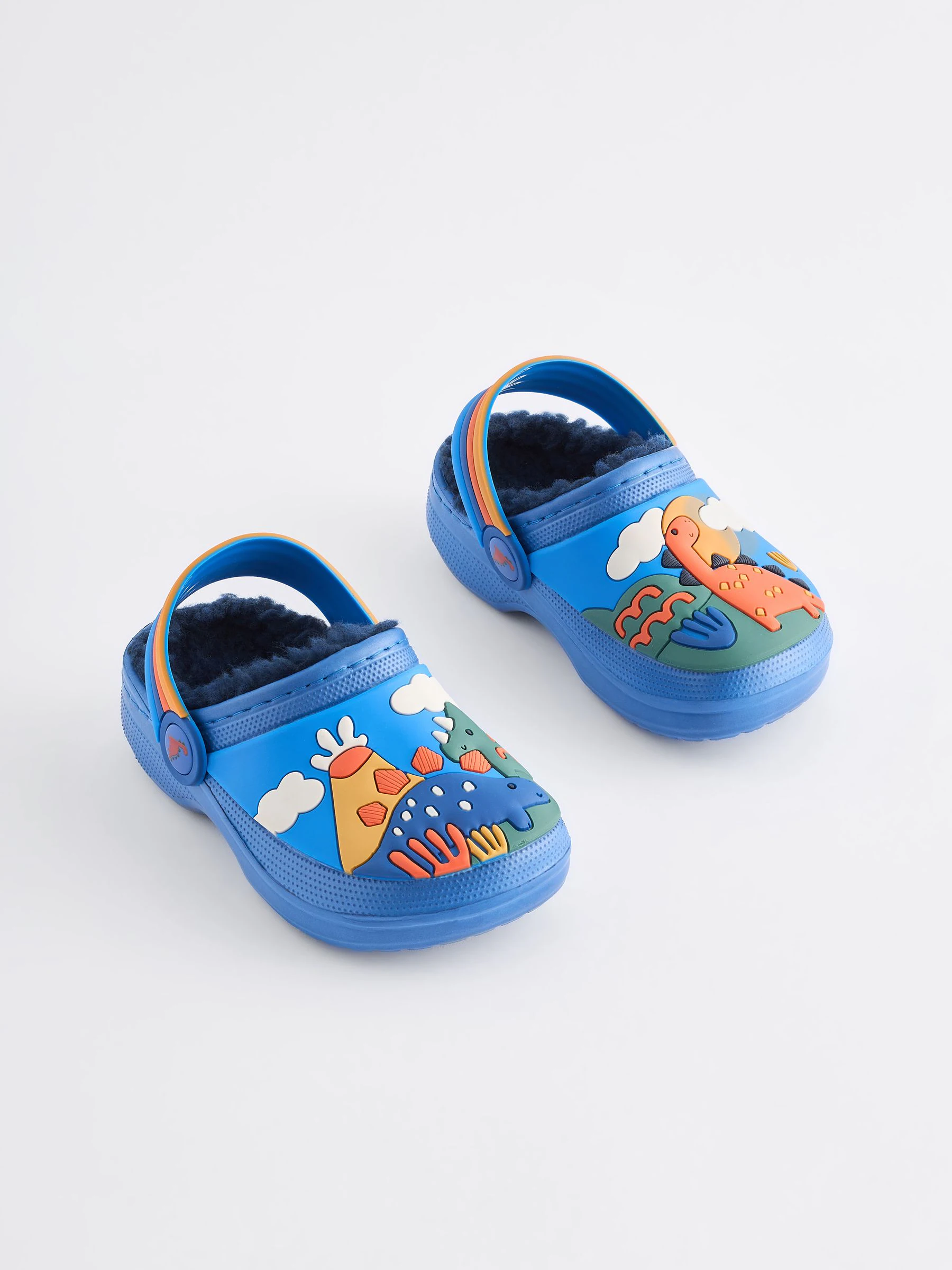Blauw met dinosaurus - Gevoerde klomppantoffels
