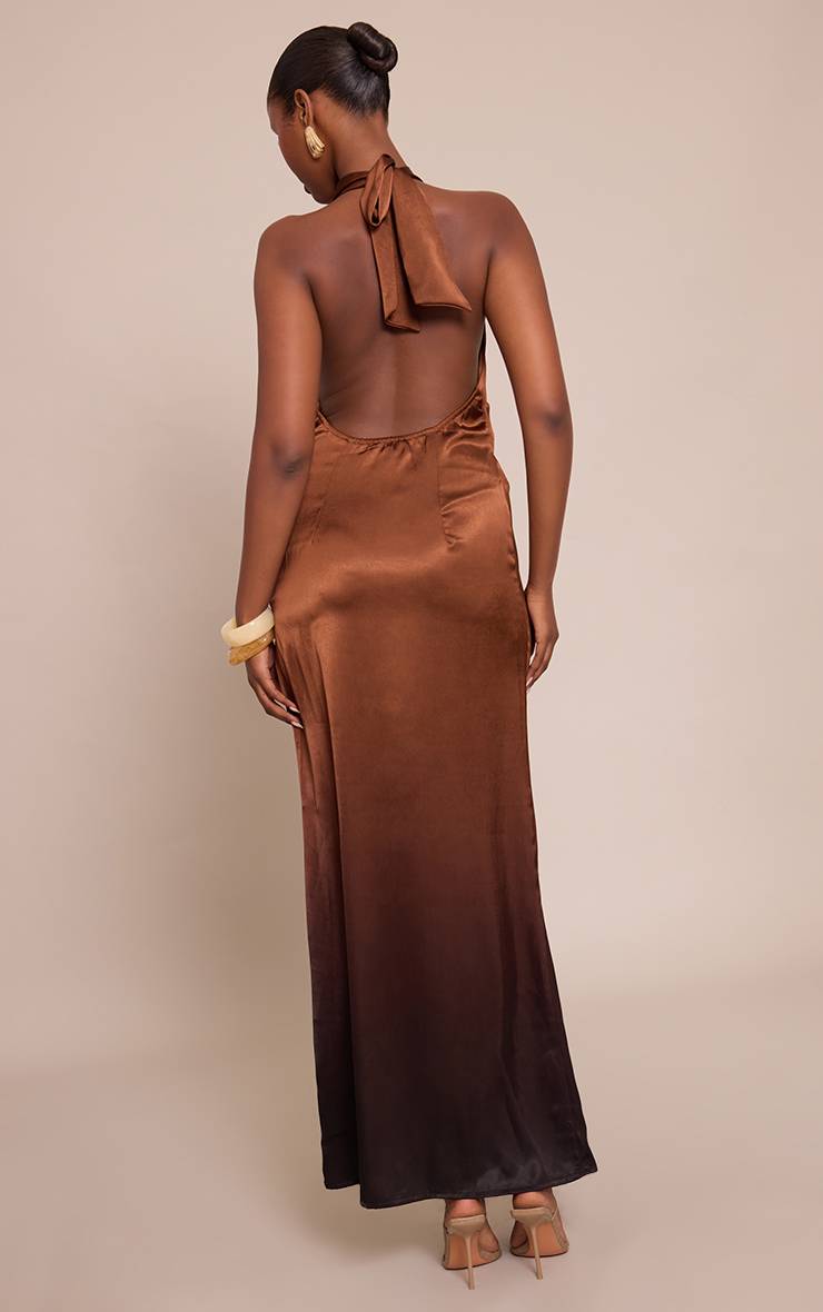 Bronze Robe Longue Col Bénitier En Satin À Imprimé Abstrait Ombré
