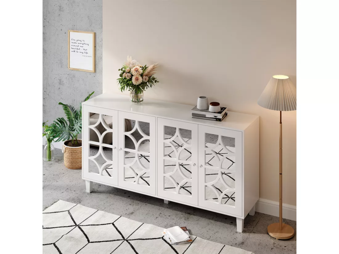 Buffet 160x40x85cm - avec 4 portes, poignées en cristal froid, stratifié mobile - pour salon et salle à manger - Blanc