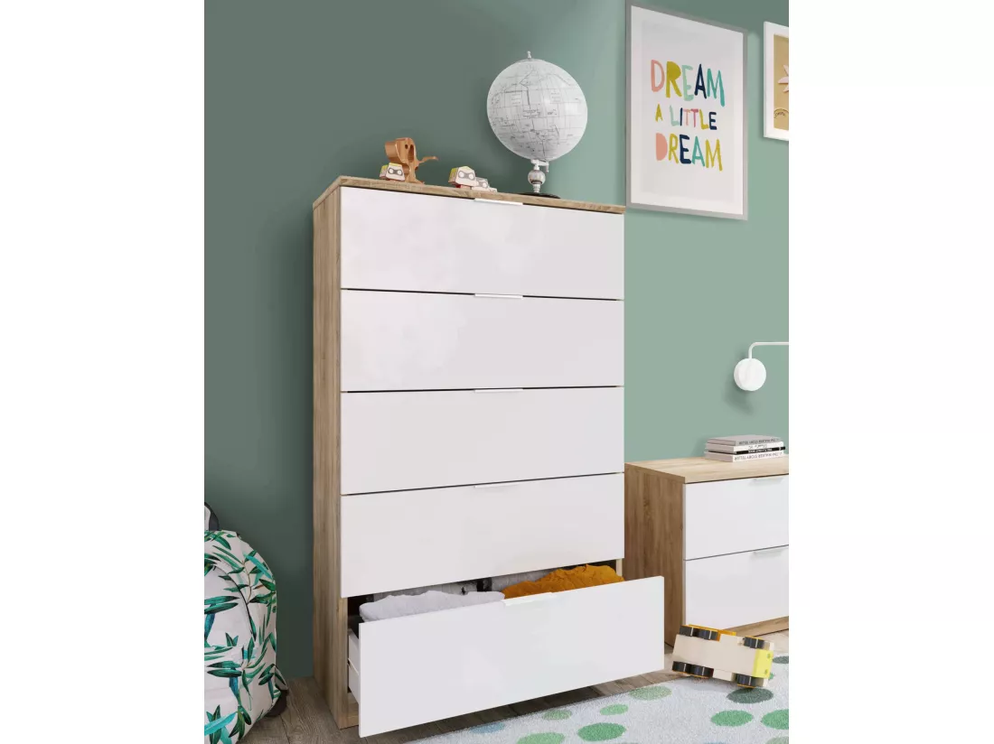Commode Dhvali, commode à 5 tiroirs, commode pour la chambre, commode moderne, 60x40h110 cm, chêne et blanc