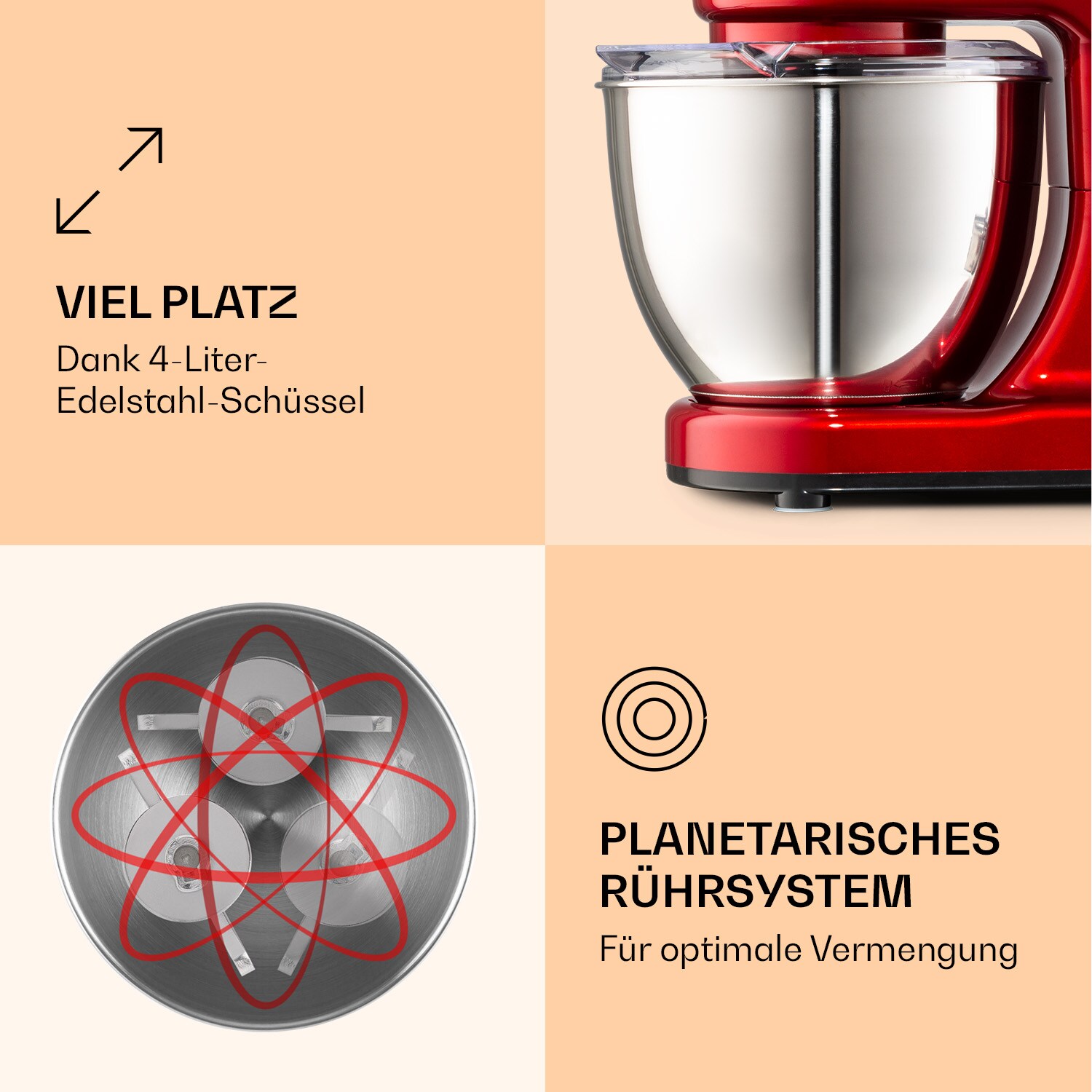 Bella Mini Rührmaschine 1200 W 6 Stufen 4 Liter Edelstahl Pulsfunktion