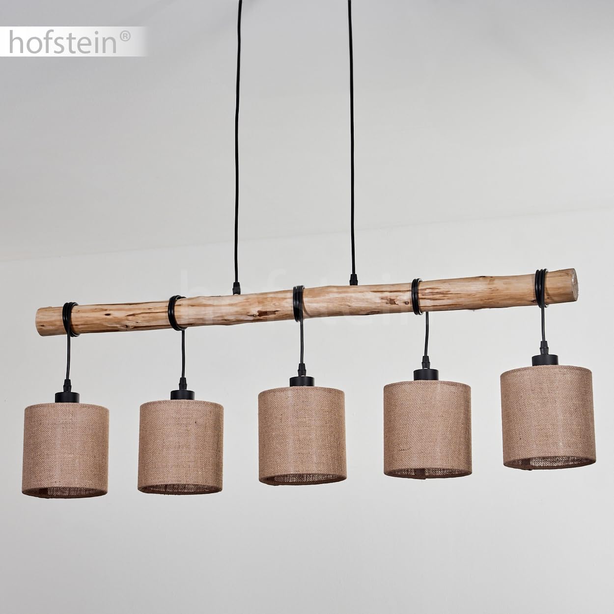 HOFSTEIN Pendelleuchte Soungou, moderne Hängelampe aus Holz/Metall/Leinen in Natur/Schwarz/Beige, 5-flammige Hängeleuchte im skandinavischen Design, Höhe max. 143 cm, E27, Wohnzimmer, Esszimmer, Küche