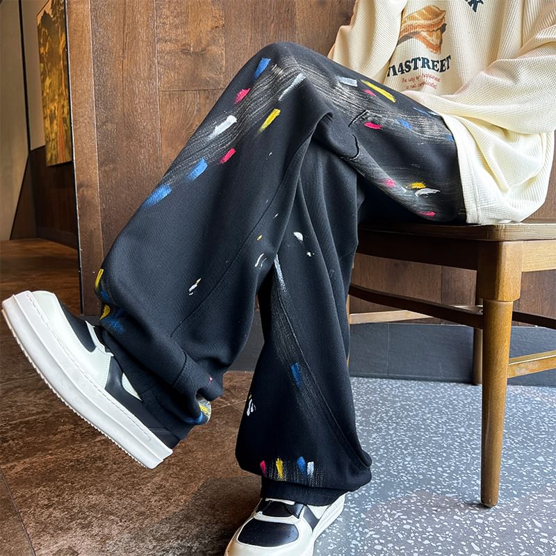 Priam - High Waist Paint Splatter Wide Leg Jeans / Set