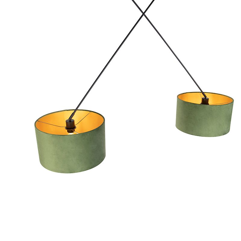 Hanglamp zwart met velours kappen groen met goud 35 cm 2-lichts - Blitz