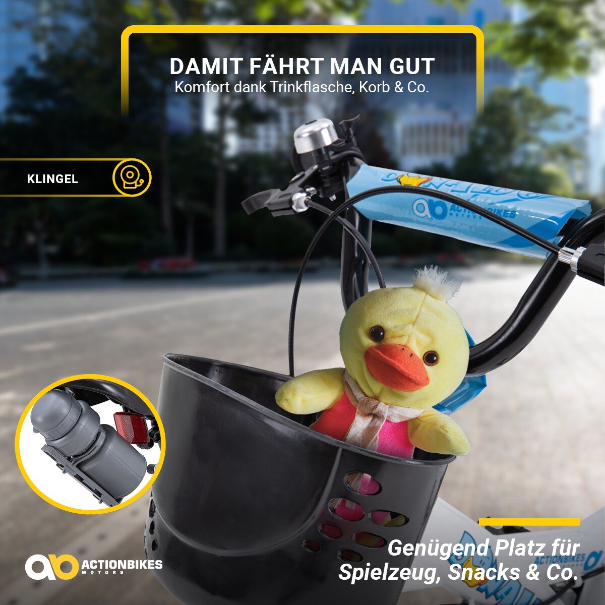 Actionbikes Kinderfahrrad Donaldo 12 Zoll, V-Brake-Bremsen, höhenverstellbar, Stützräder, Korb