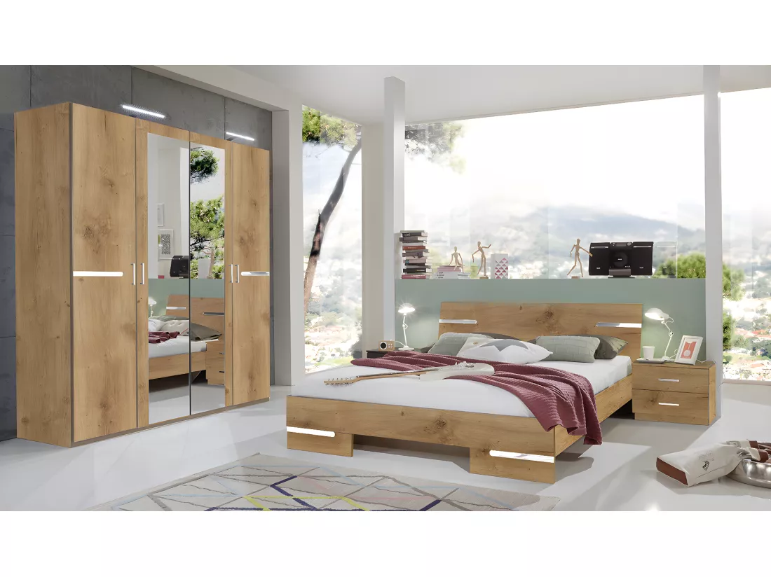 Chambre à coucher complète adulte (lit 140x200cm + 2 chevets + armoire)