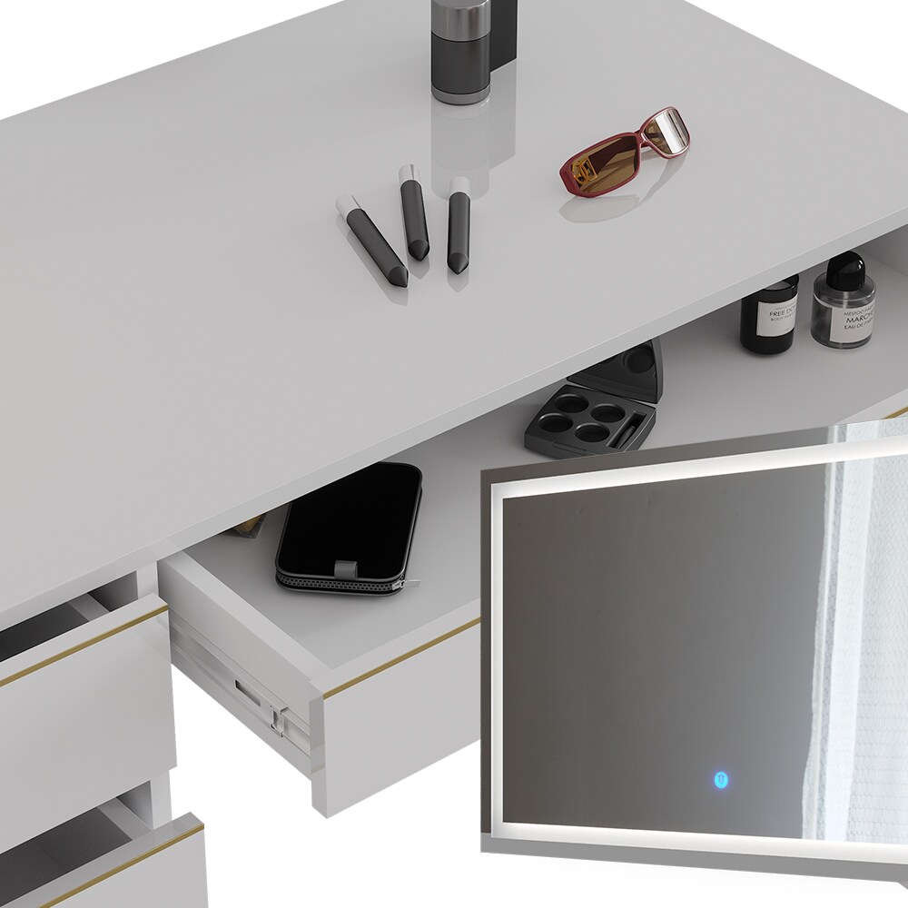 Vicco Schminktisch Sherry Weiß Hochglanz Gold 120 x 75 cm 5 Schubladen LED-Spiegel Hocker