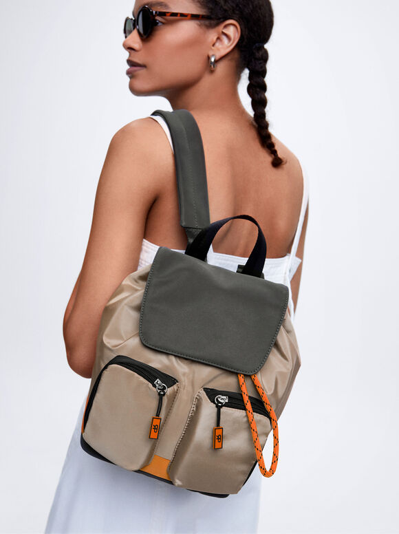 Mochila de nylon com blocos de cores - Marrom