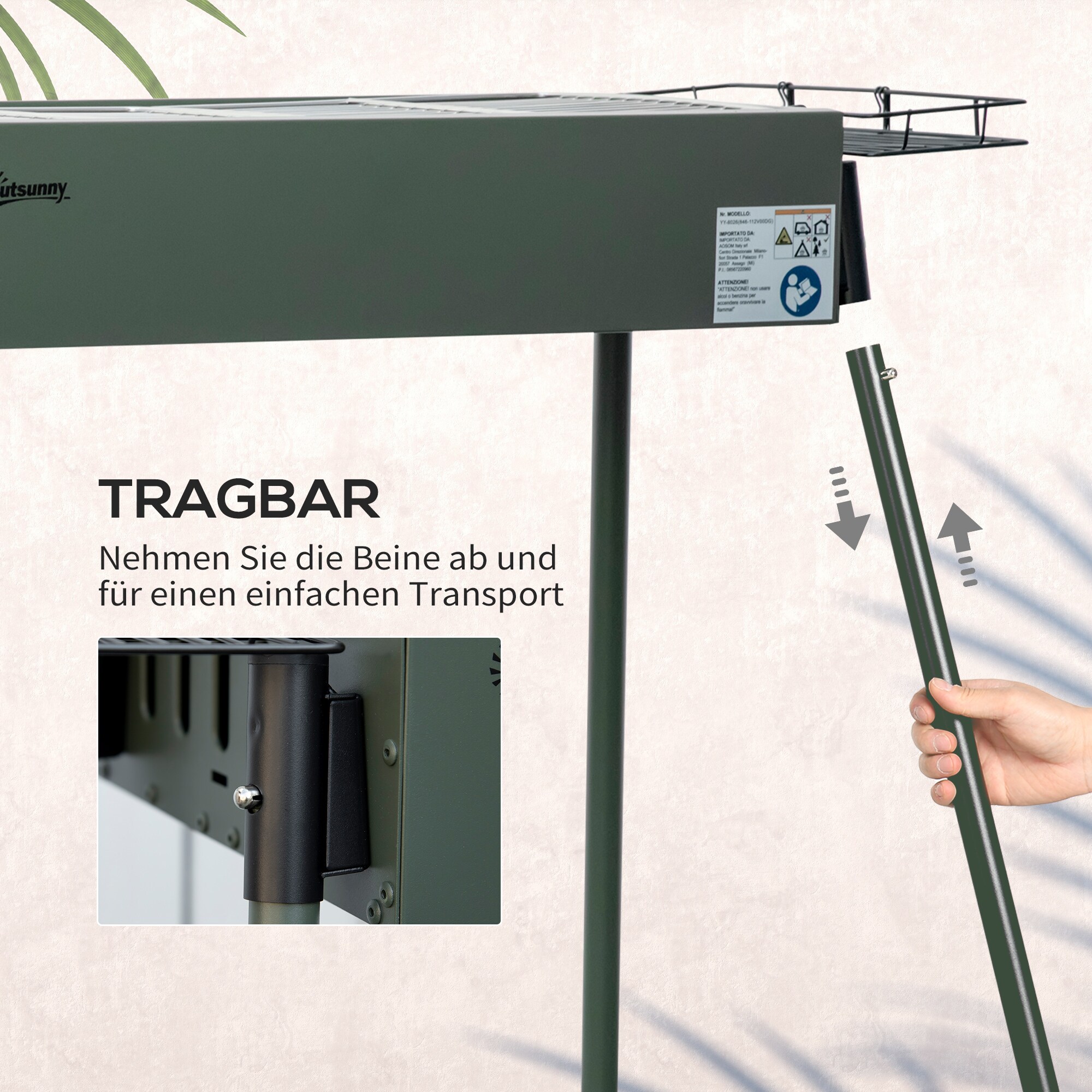 Outsunny Holzkohlegrill mit Grillrost, Grillrost-Clip und Seitenkörbe grün 77L x 30B x 70H cm