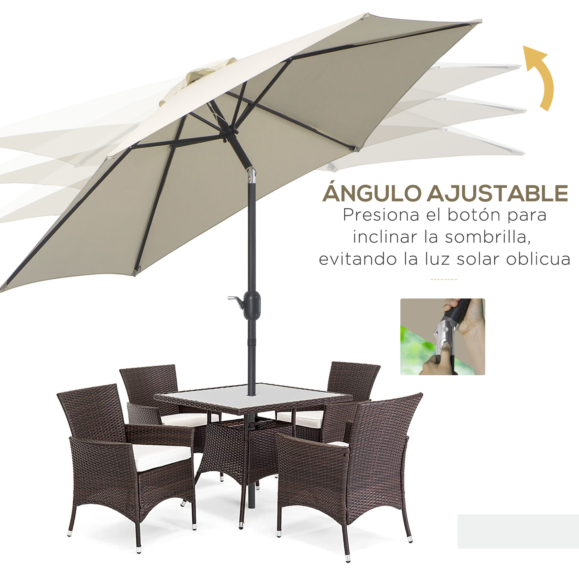 Guarda-sol de jardim Outsunny Ø260x235 cm em alumínio com manivela reclinável e 6 varetas para terraço e varanda, cor creme.