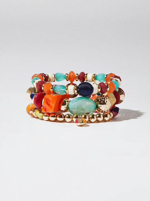 Conjunto de pulseiras elásticas com pedra - Multicolorido
