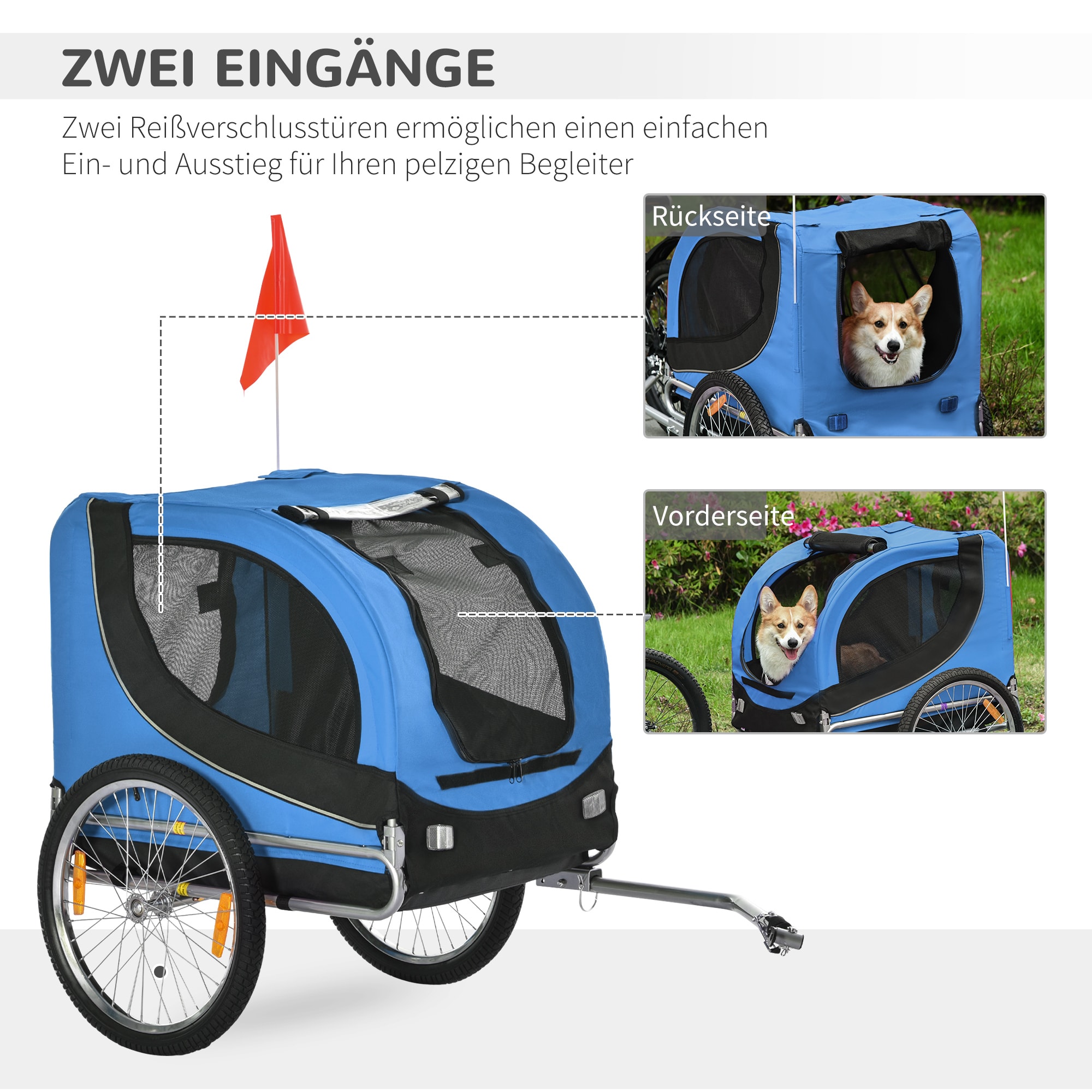 PawHut Hundeanhänger mit Sicherheitswimpel blau, schwarz 130 x 90 x 110 cm (LxBxH)