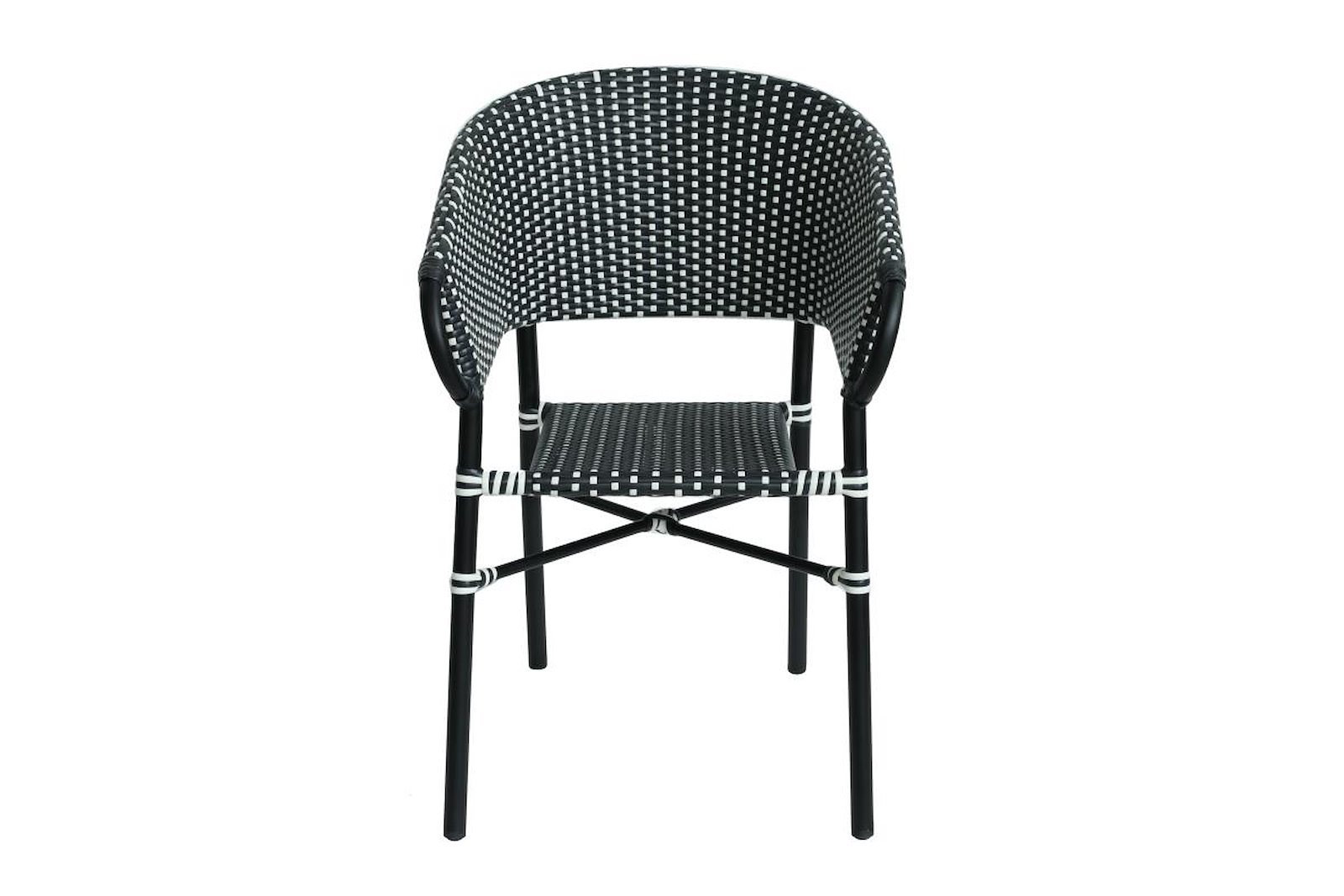 Maemo hagespisestol med arm Sort og hvit plastflett med sortlakkert ramme og understell.