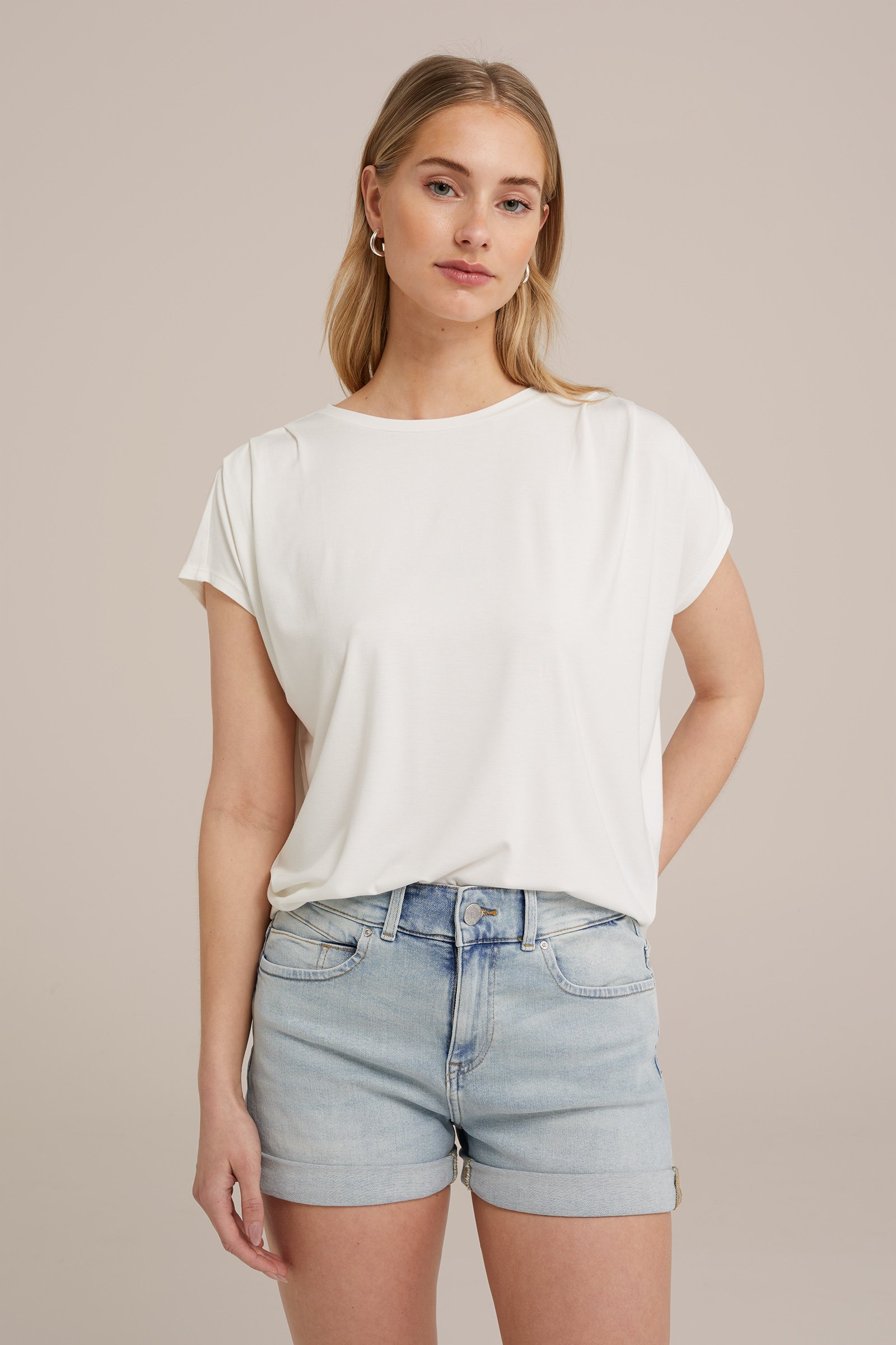 jersey T-shirt met plooidetail WE Fashion Wit