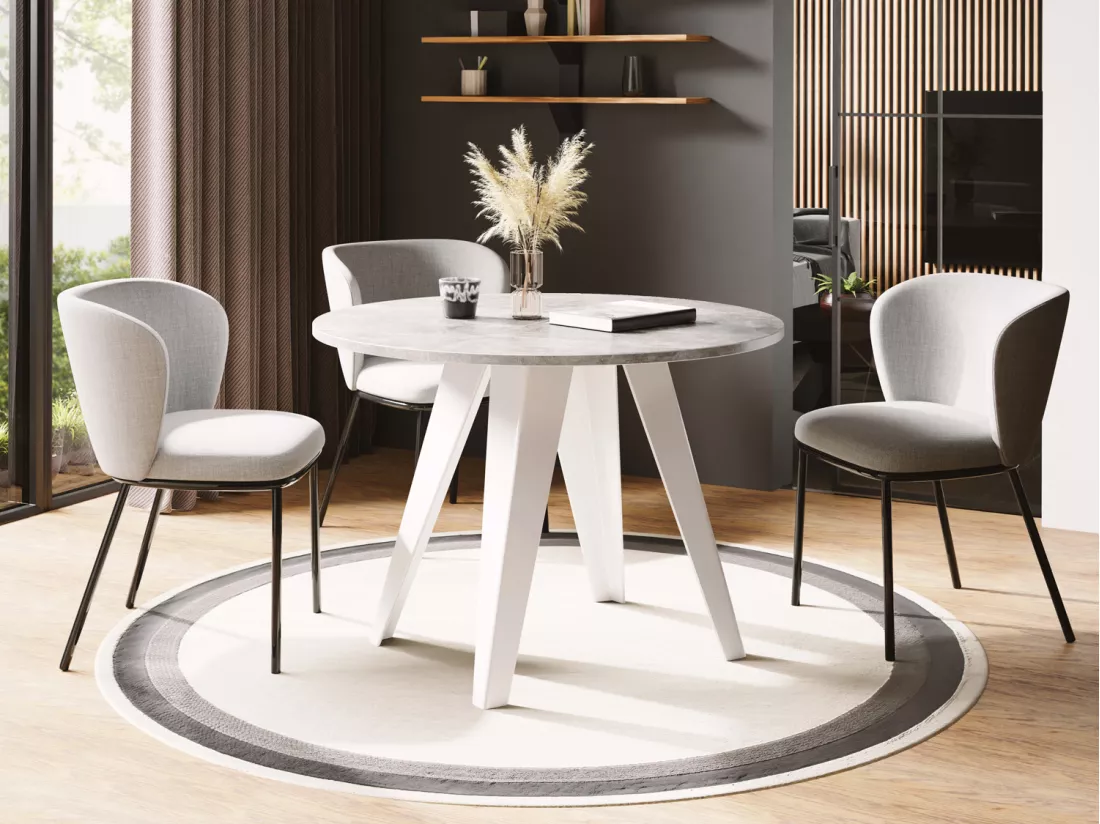 Table De Salle à Manger Ronde De Style Industriel - Moderne - Extensible De 100 Cm à 140 Cm - Pieds Métalliques Blancs - Compacte - Gris Béton