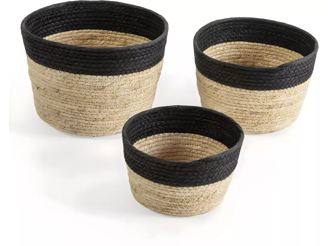 Set de 3 paniers Nati fibre naturelle et papier, noir/beige