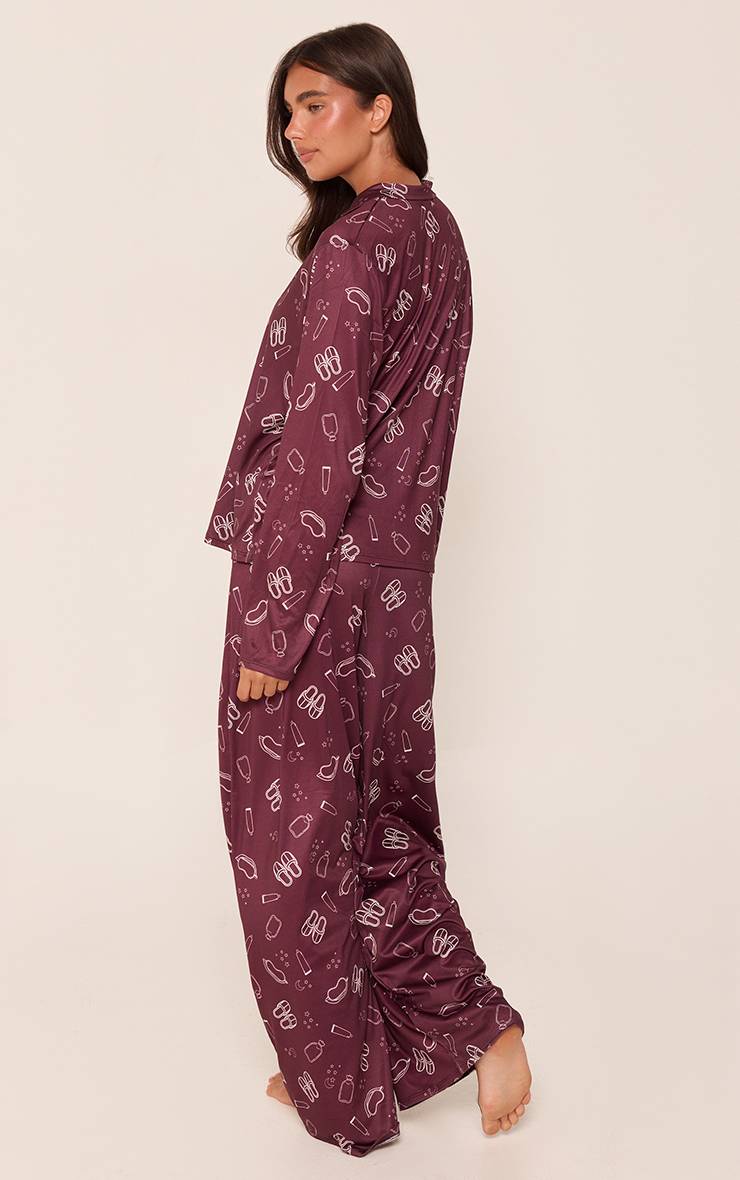 Rouge Bordeaux Ensemble De Pyjama À Manches Longues Boutonné Avec Imprimé De Nuit