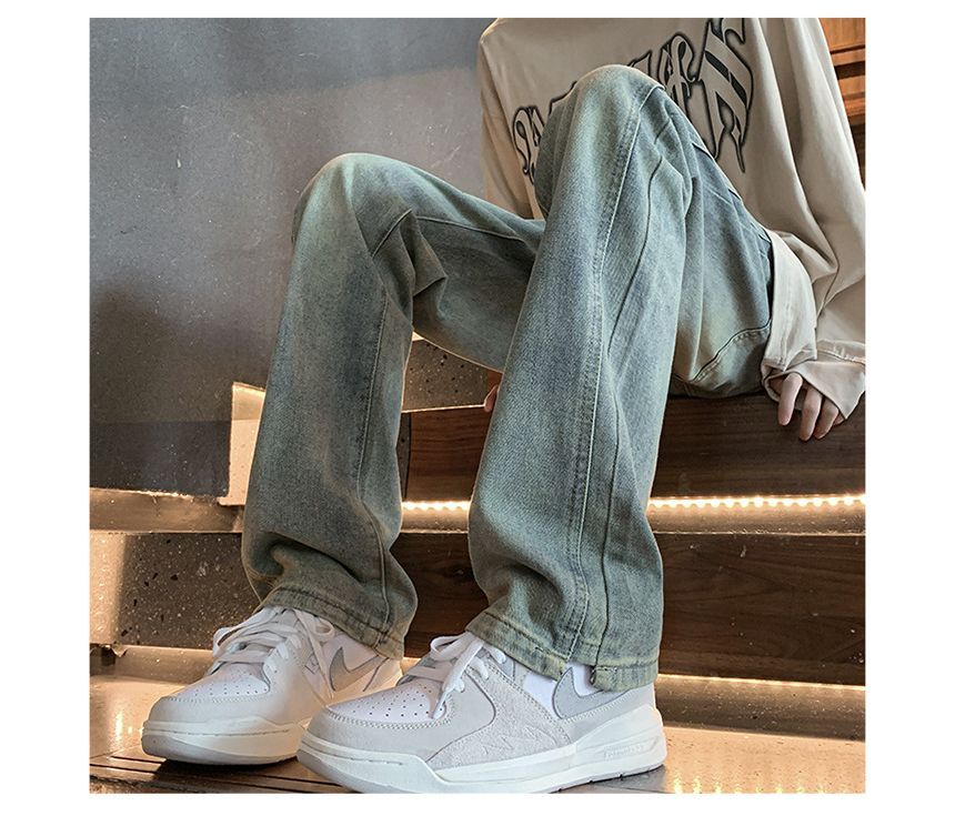 Obikan - Mid Rise Washed Straight Leg Jeans