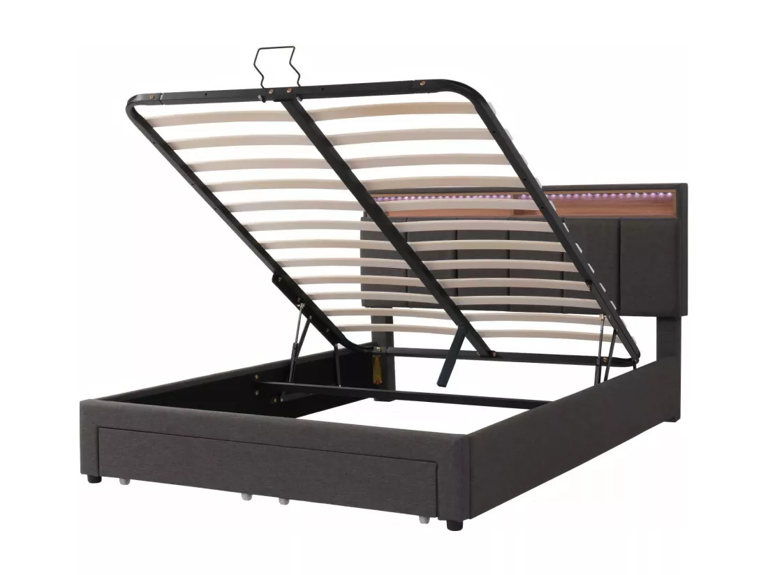 Lit coffre 140x200cm en lin Gris, avec LED et tête de lit rangeable, boîte de lit hydraulique