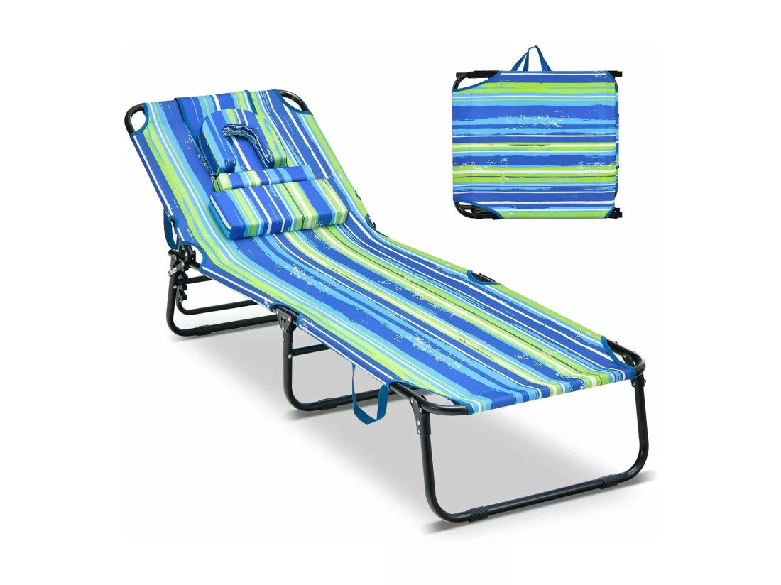 Chaise Longue Pliante Réglable à 5 Positions avec Trou pour Visage, Bain de Soleil en Tissu et velours Oxford 3 Coussins Amovibles Charge 160KG, pour Piscine Plage Cour CamBoisg (Coloré)