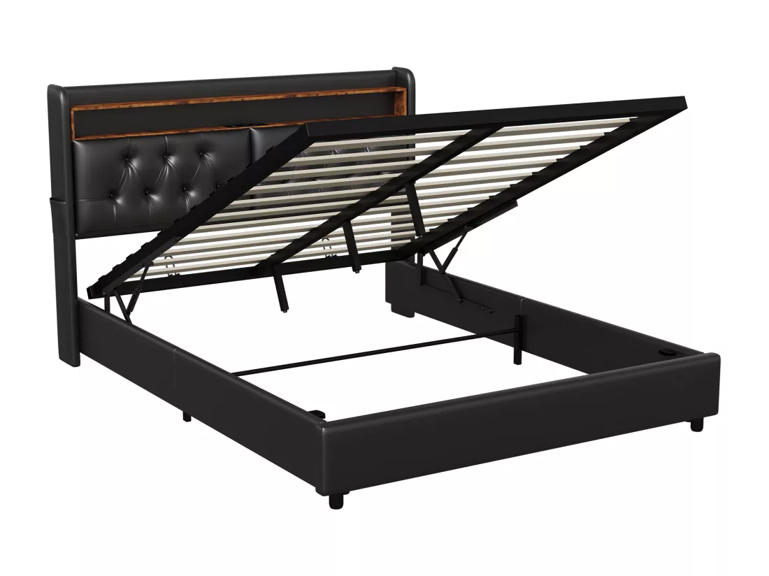 Lit coffre 180x200cm - lit double avec sommier à lattes et tête de lit LED avec étagères et port charge - cuir noir
