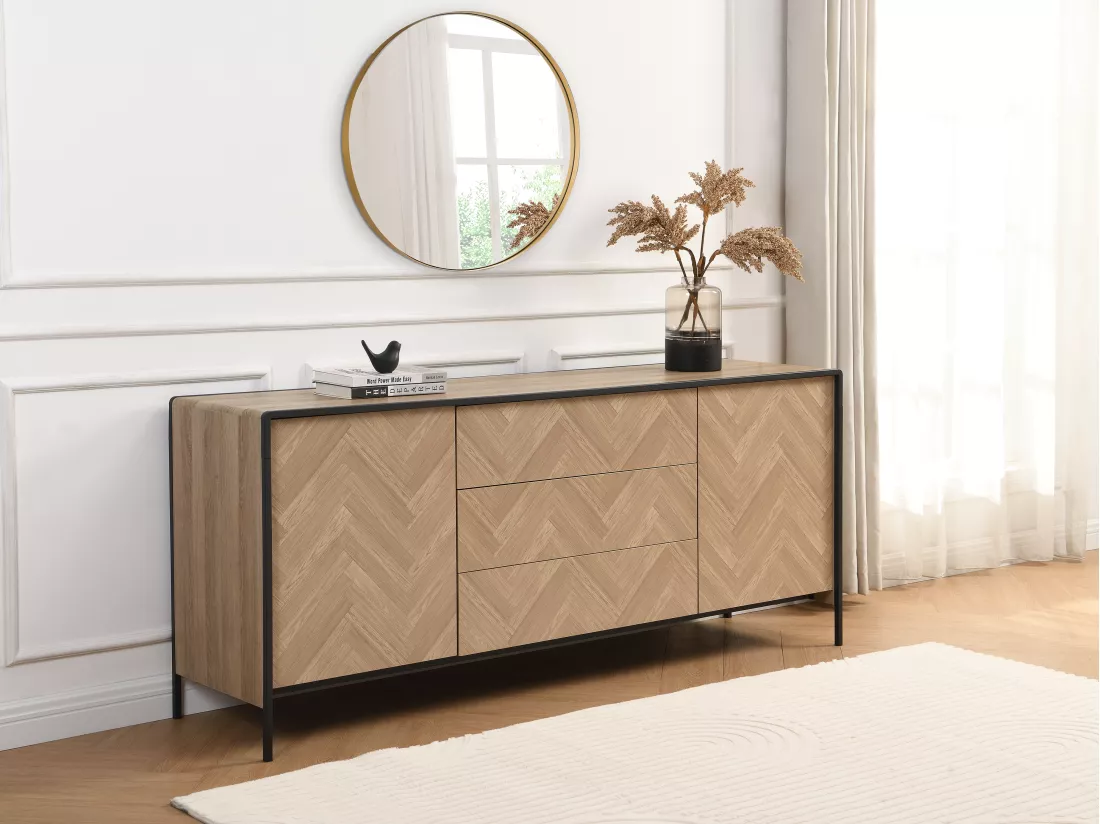 Buffet avec 2 portes et 3 tiroirs en MDF et acier - Naturel clair et Noir - TUMACO