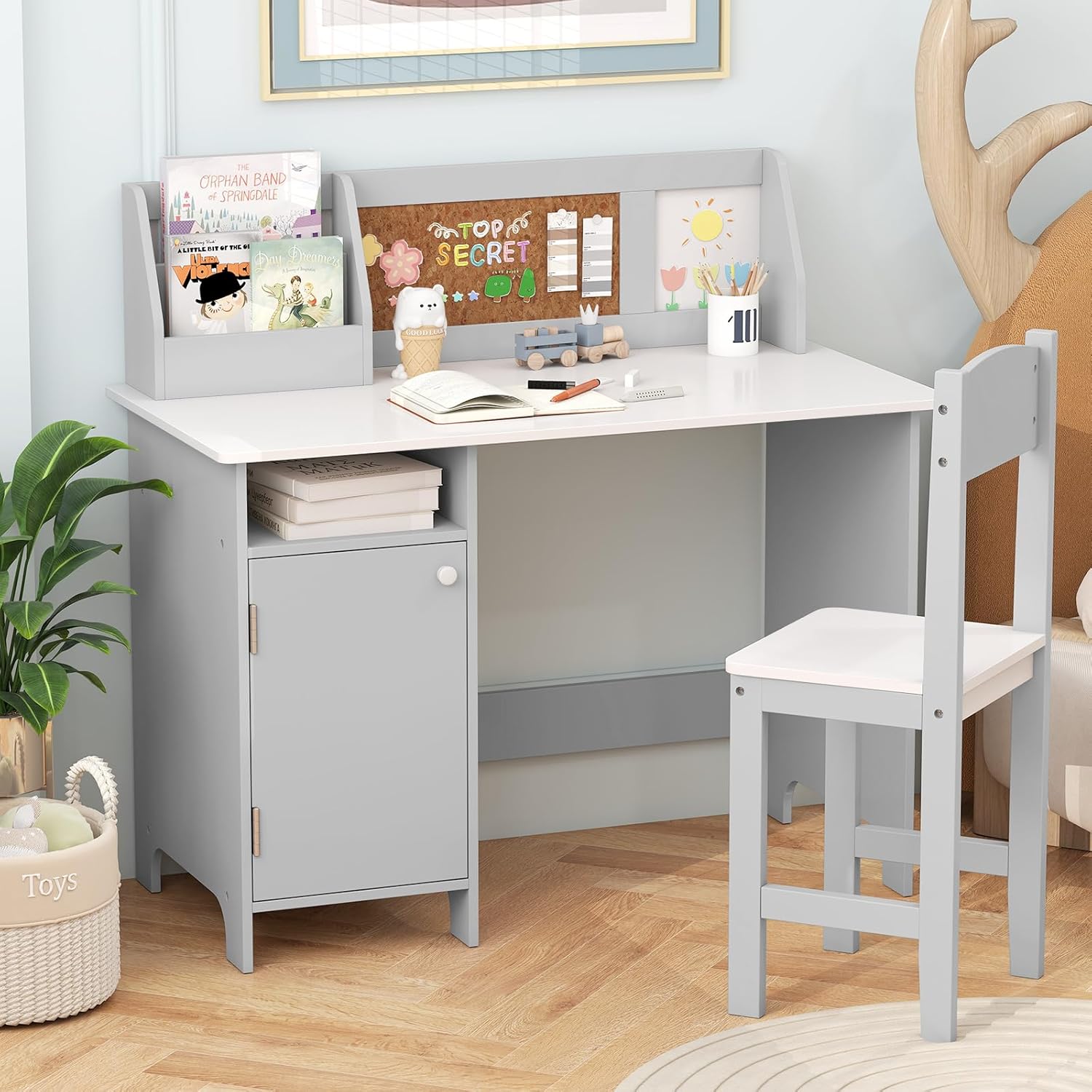 COSTWAY Kinderschreibtisch Set, Schreibtisch Kinder mit Stuhl aus Holz, Schülerschreibtisch mit Bücherregal, Schrank & Pinnwand, Jugendschreibtisch für Kinder ab 3 Jahren (Mit Pinnwand,Grau)