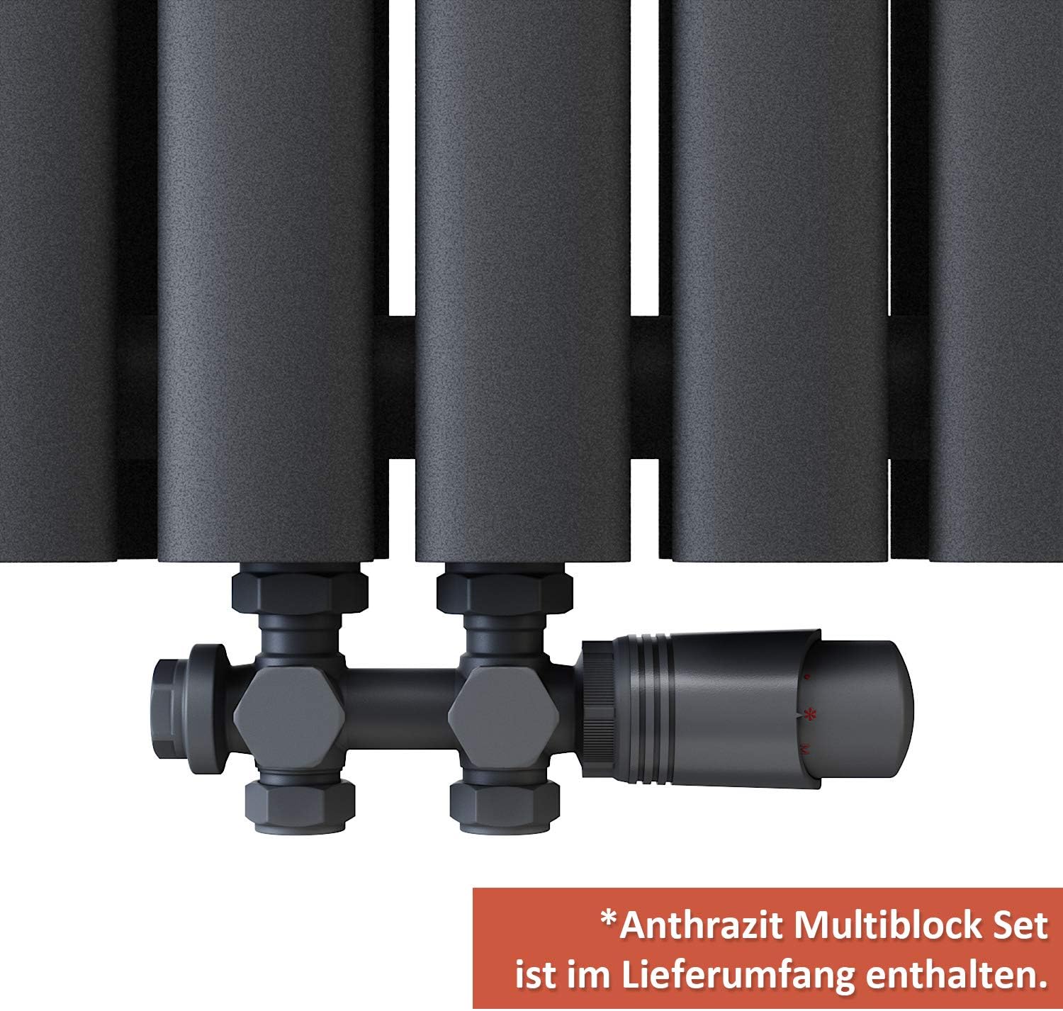 ELEGANT Design Heizkörper Anthrazit 1800x354mm mit Multiblock Anthrazit Thermostat Vertikal Heizkörper Doppellagig Röhrenheizkörper Badheizkörper Mittelanschluss