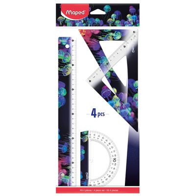 Maped Deepsea Paradise - Kit traçage 4 pièces : règle 30 cm, rapporteur et 2 équerres