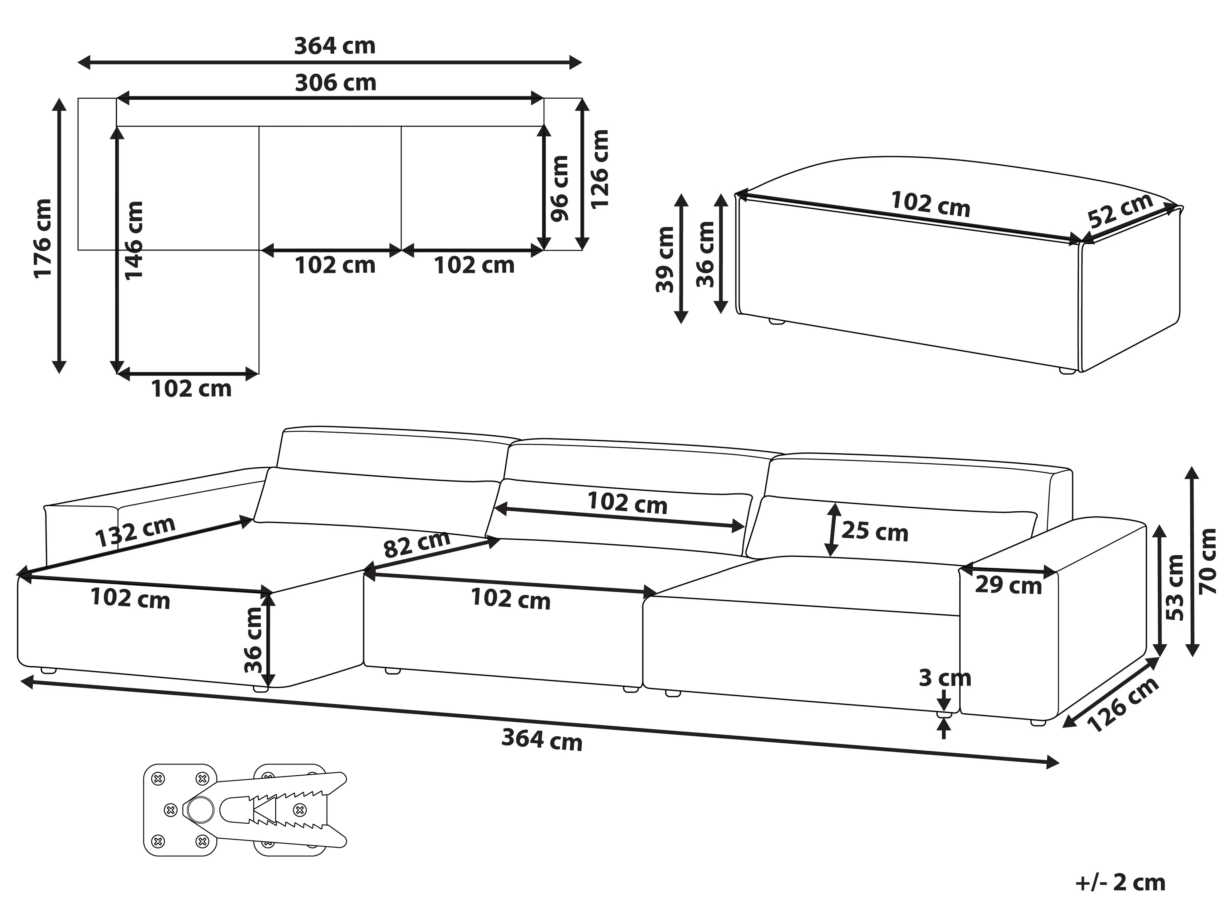 Modulaire hoekbank 3-zits HELLNAR Stof Grijs met ottomaan rechtszijdig