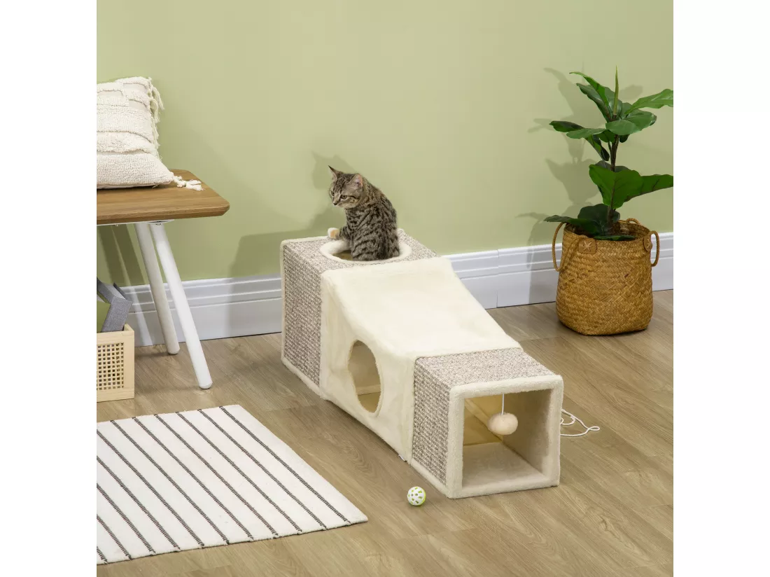 Tunnel grattoir niche modulable pour chat 3 en 1 - jeu balle suspendue - 4 entrées - peluche beige sisal grège