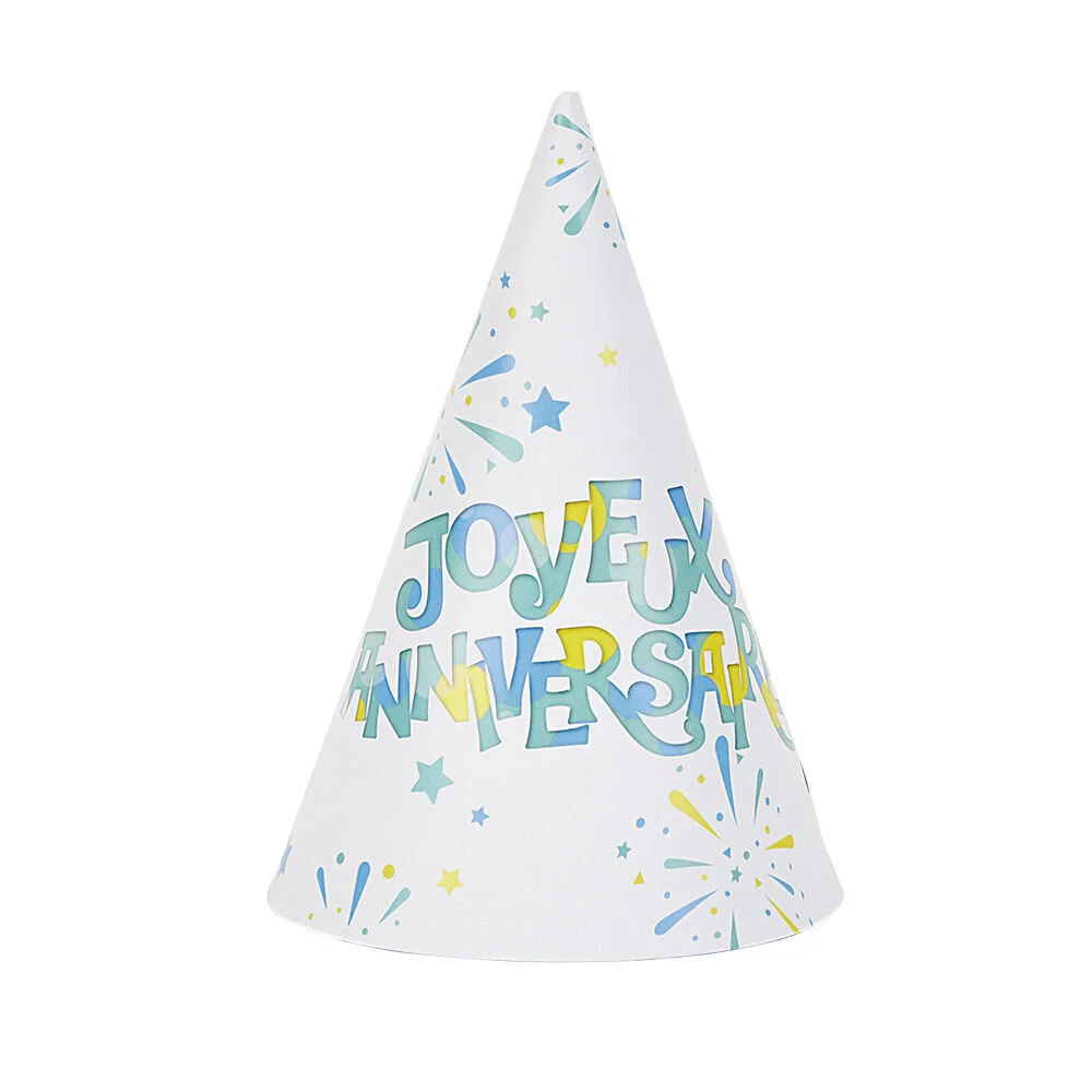 Chapeau de fête Joyeux anniversaire et feux d'artifice en carton x 8