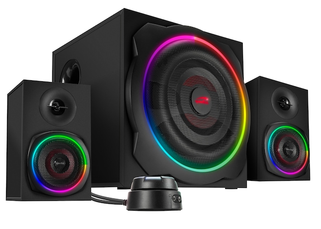 Speedlink 2.1 Soundsystem »GRAVITY LT RGB Subwoofer System aus Holz mit Bluetooth« 2.1 ( ) 40 W RMS, 80 W Spitzenleistung, 3,5mm Klinke, RGB-Tischfernbedienung