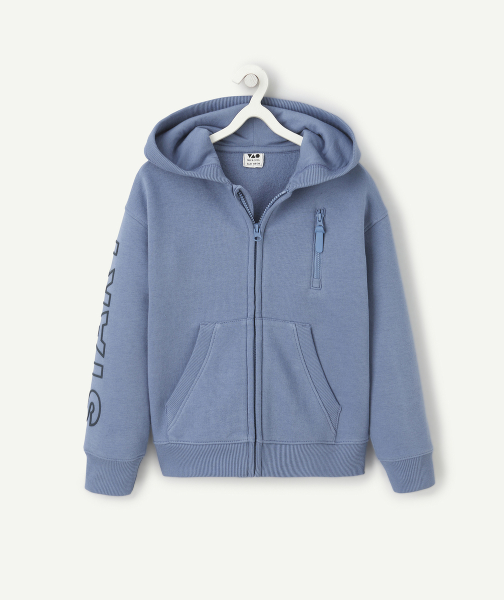 GILET À CAPUCHE GARÇON EN COTON BIO BLEU MESSAGE SUR LA MANCHE