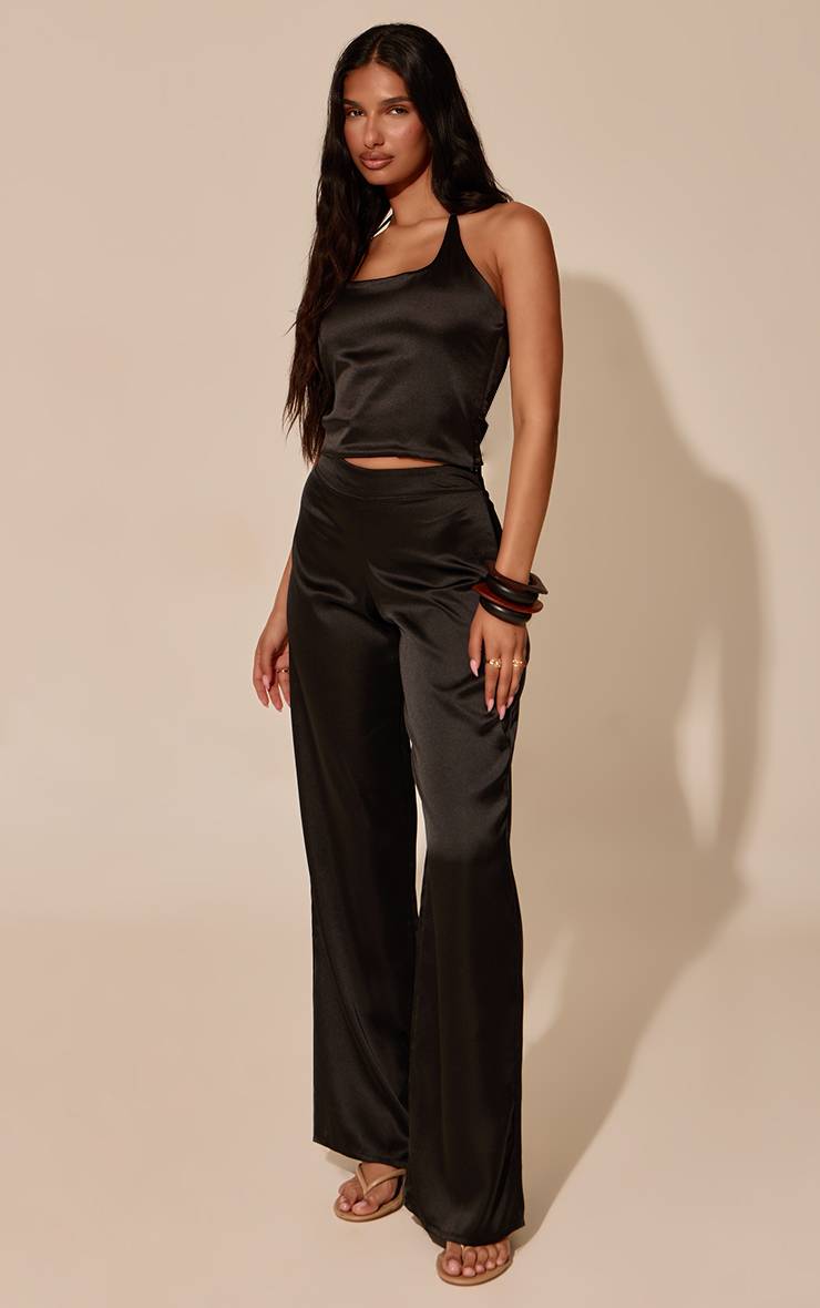 Noir Pantalon Large En Satin Ensemble Coordonné