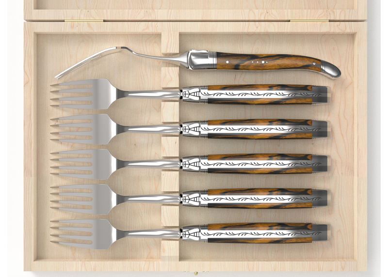 Service de 6 fourchettes Laguiole avec un manche en bois d'ébène royal et mitres en acier inoxydable