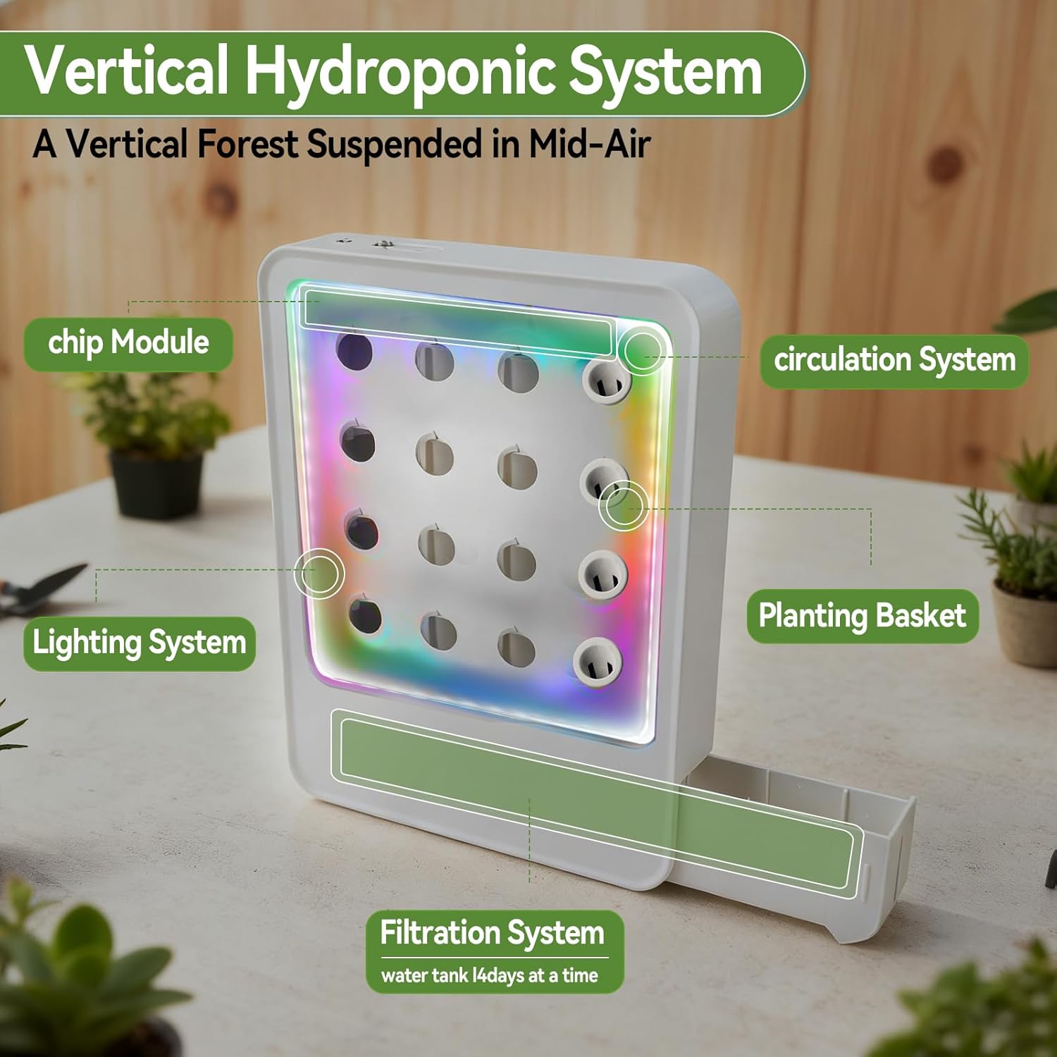 Hydroponisches Anbausystem, Indoor-Garten-Set mit LED-Pflanzenbeleuchtung, erdfrei, mit Geräuschsensor, dreifach gefiltertem Licht und App-Steuerung für 16 Pflanzen - ideal für Zuhause und Büro