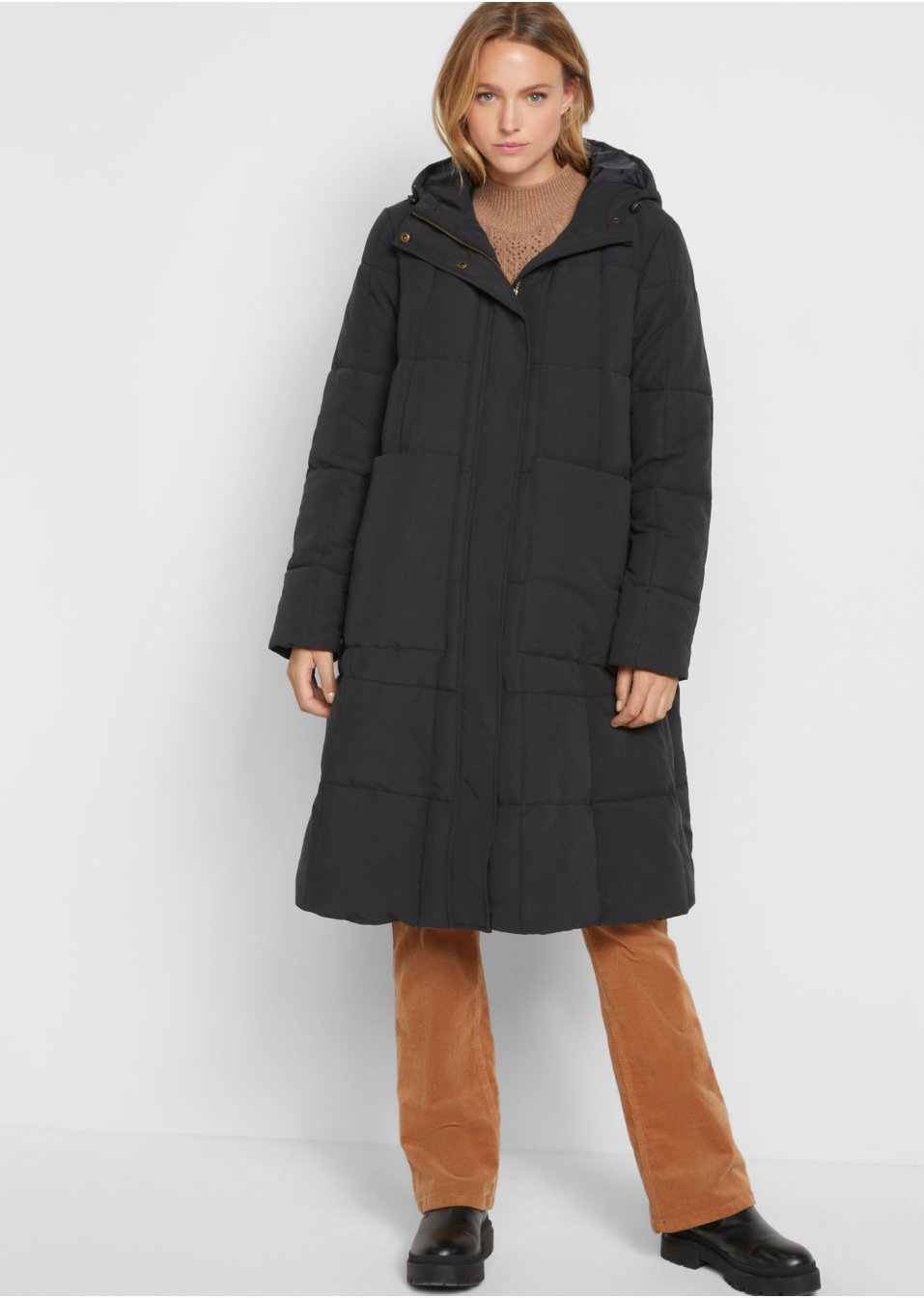 Manteau matelassé ample coupe trapèze avec capuche et poches plaquées