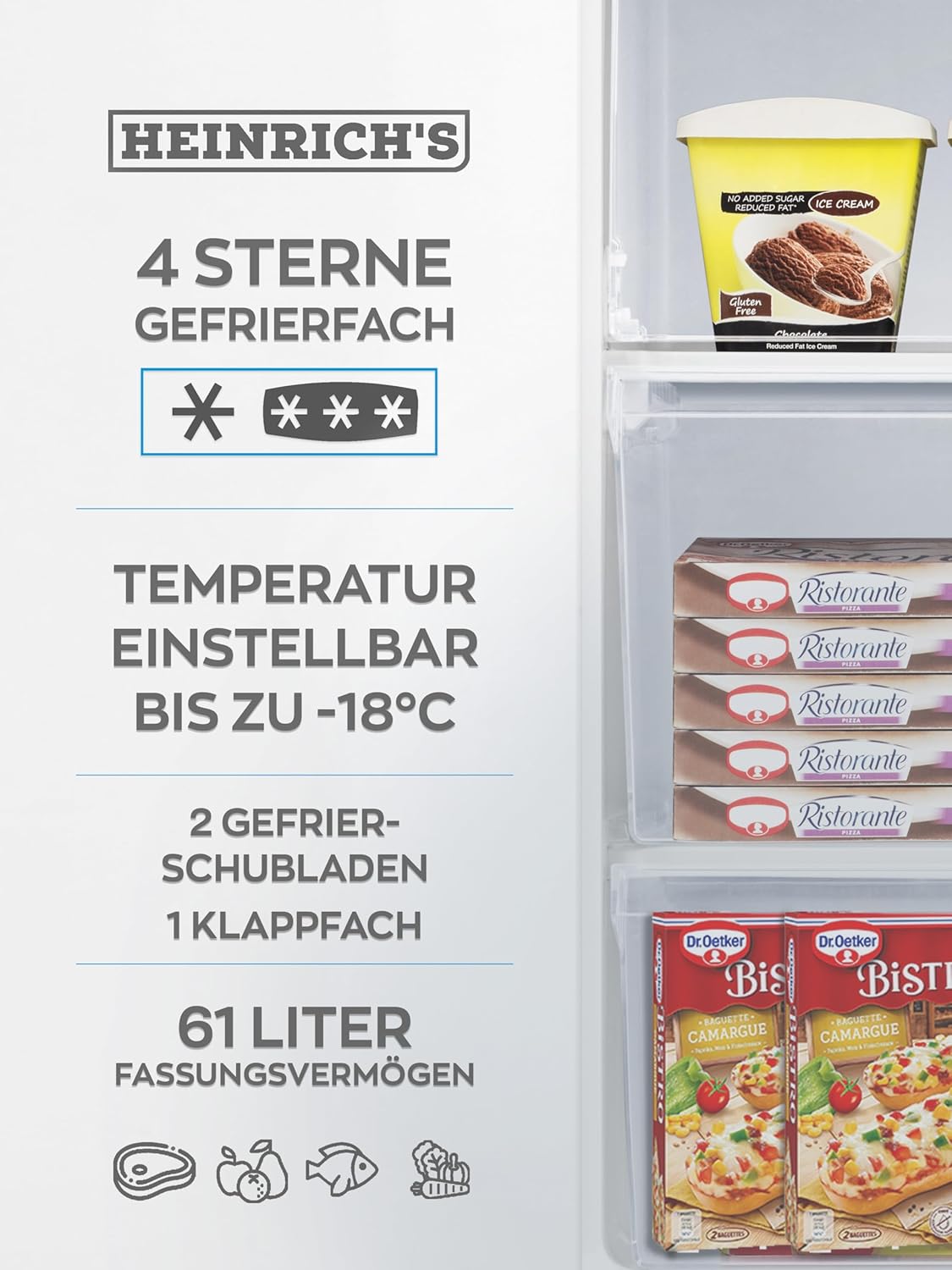 Heinrich´s Gefrierschrank 61Liter, Mini, -18°C Freezer, 3x Gefrierschublade, 7 Stufen Temperaturregler, Airflow, wechselbarer Türanschlag weiß